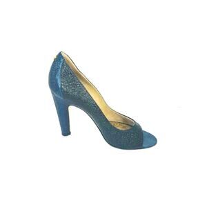 Chanel 2012 CC logo pump Metallic navy Blue Peep toe Embossed Pumps heels EU 36